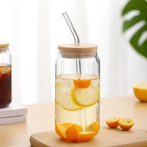 Cốc Thuỷ Tinh Thẳng Chịu Nhiệt Nắp Gỗ Decor Kèm Ống Hút 500ml, Uống Trà Sữa Cà Phê