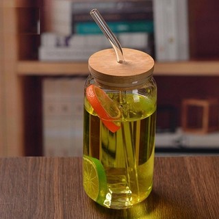Cốc Thuỷ Tinh Thẳng Chịu Nhiệt Nắp Gỗ Decor Kèm Ống Hút 500ml, Uống Trà Sữa Cà Phê