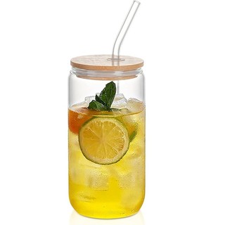 Cốc Thuỷ Tinh Thẳng Chịu Nhiệt Nắp Gỗ Decor Kèm Ống Hút 500ml, Uống Trà Sữa Cà Phê