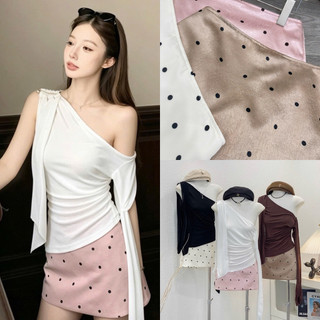 SEP House - Set thun ôm lệch vai phối chân váy chấm bi form A ngắn tôn dáng, trẻ trung, năng động - Hàng loại 1