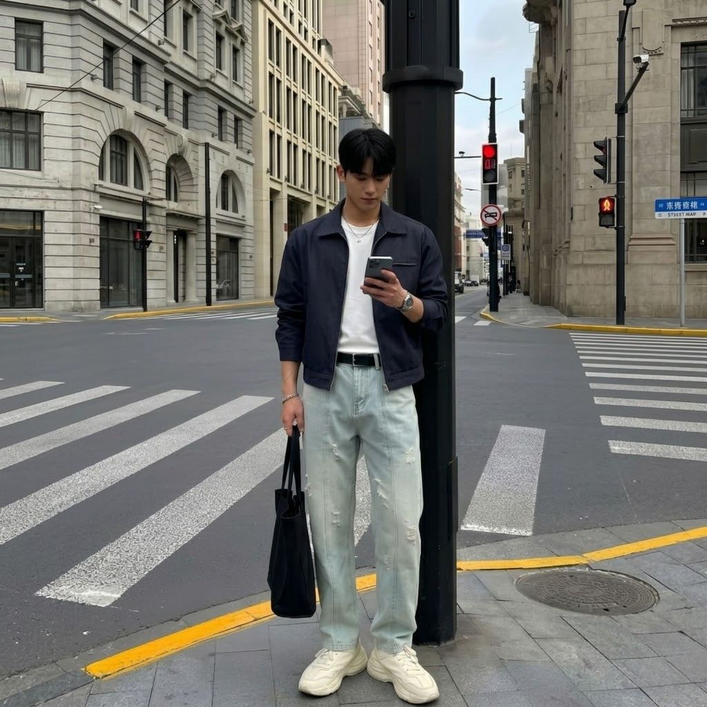 Quần jean nam ống suông rách thân quần phong cách streetwear