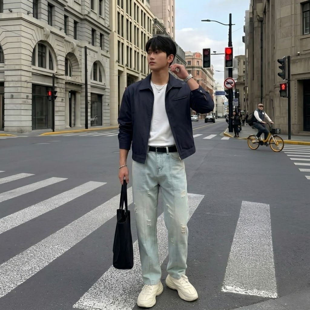 Quần jean nam ống suông rách thân quần phong cách streetwear