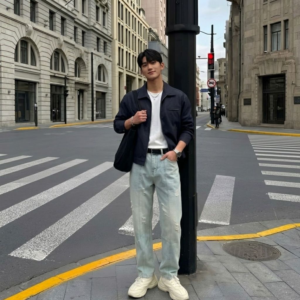 Quần jean nam ống suông rách thân quần phong cách streetwear