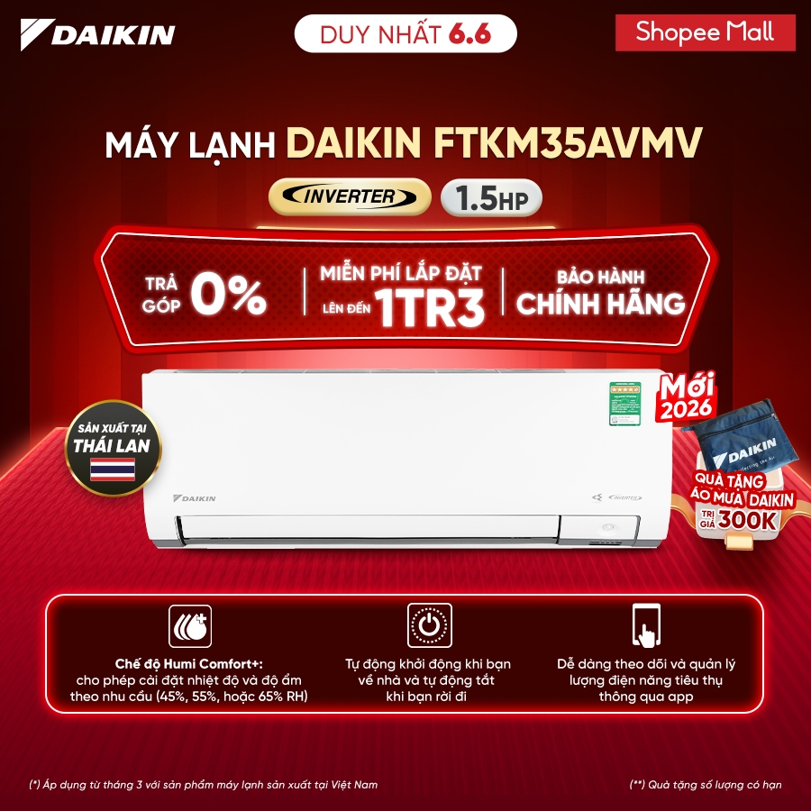 [MIỄN PHÍ LẮP ĐẶT 1TR3] MỚI 2026 - Máy lạnh Daikin Inverter 1 chiều FTKM35AVMV 1.5HP (12.000 BTU)