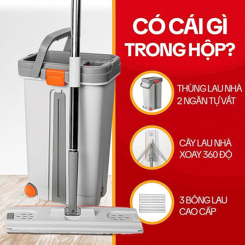 Cây Lau Nhà Tự Vắt KITIMOP PRO MAX, Thùng Lau Nhà Tự Vắt Thông Minh, Chổi Lau Nhà Xoay 360 Độ