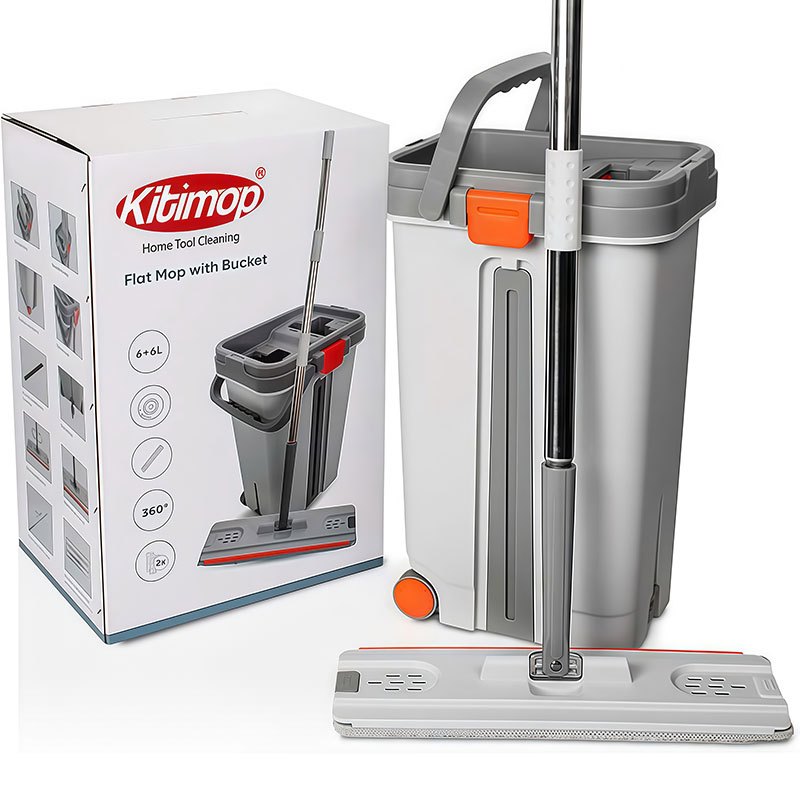 Cây Lau Nhà Tự Vắt KITIMOP PRO MAX, Thùng Lau Nhà Tự Vắt Thông Minh, Chổi Lau Nhà Xoay 360 Độ