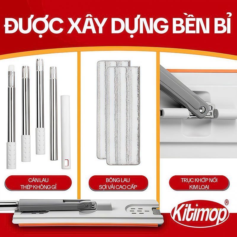 Cây Lau Nhà Tự Vắt KITIMOP PRO MAX, Thùng Lau Nhà Tự Vắt Thông Minh, Chổi Lau Nhà Xoay 360 Độ