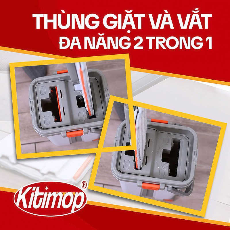 Cây Lau Nhà Tự Vắt KITIMOP PRO MAX, Thùng Lau Nhà Tự Vắt Thông Minh, Chổi Lau Nhà Xoay 360 Độ