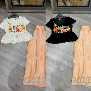 Sét áo nhung the cộc tay cổ U thêu hoa dáng peplum mix quần lụa màu cam (có tách sét)