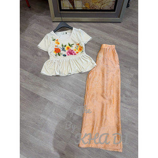 Sét áo nhung the cộc tay cổ U thêu hoa dáng peplum mix quần lụa màu cam (có tách sét)