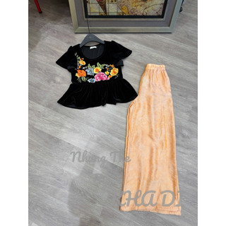 Sét áo nhung the cộc tay cổ U thêu hoa dáng peplum mix quần lụa màu cam (có tách sét)