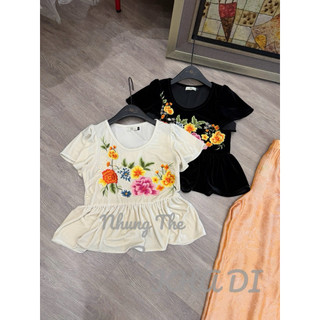 Sét áo nhung the cộc tay cổ U thêu hoa dáng peplum mix quần lụa màu cam (có tách sét)
