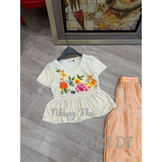 Sét áo nhung the cộc tay cổ U thêu hoa dáng peplum mix quần lụa màu cam (có tách sét)