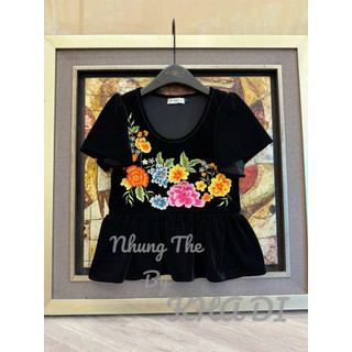 Sét áo nhung the cộc tay cổ U thêu hoa dáng peplum mix quần lụa màu cam (có tách sét)