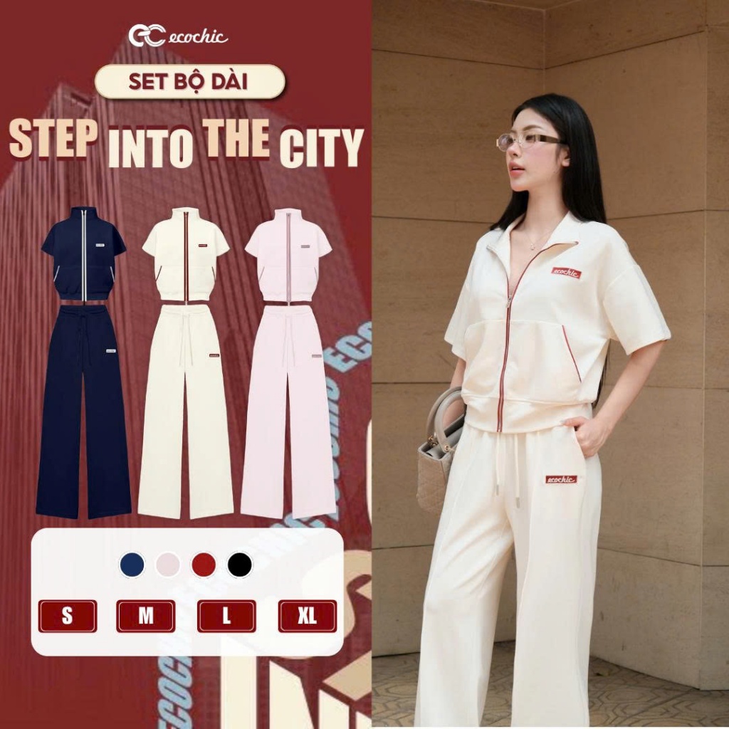 Set Bộ Ngắn Tay ECOCHIC Áo Crop Khoá Kéo Phối Line Quần Ống Suông Cao Cấp Mềm Mịn B230