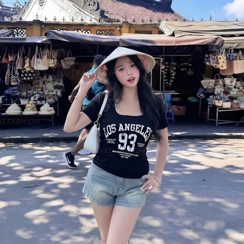 Áo Thun Nữ Chiết Eo Cổ Vuông In Chữ Chất Cotton Borip Form Ôm Big Size 55-90Kg AT9131 Diệu Trang