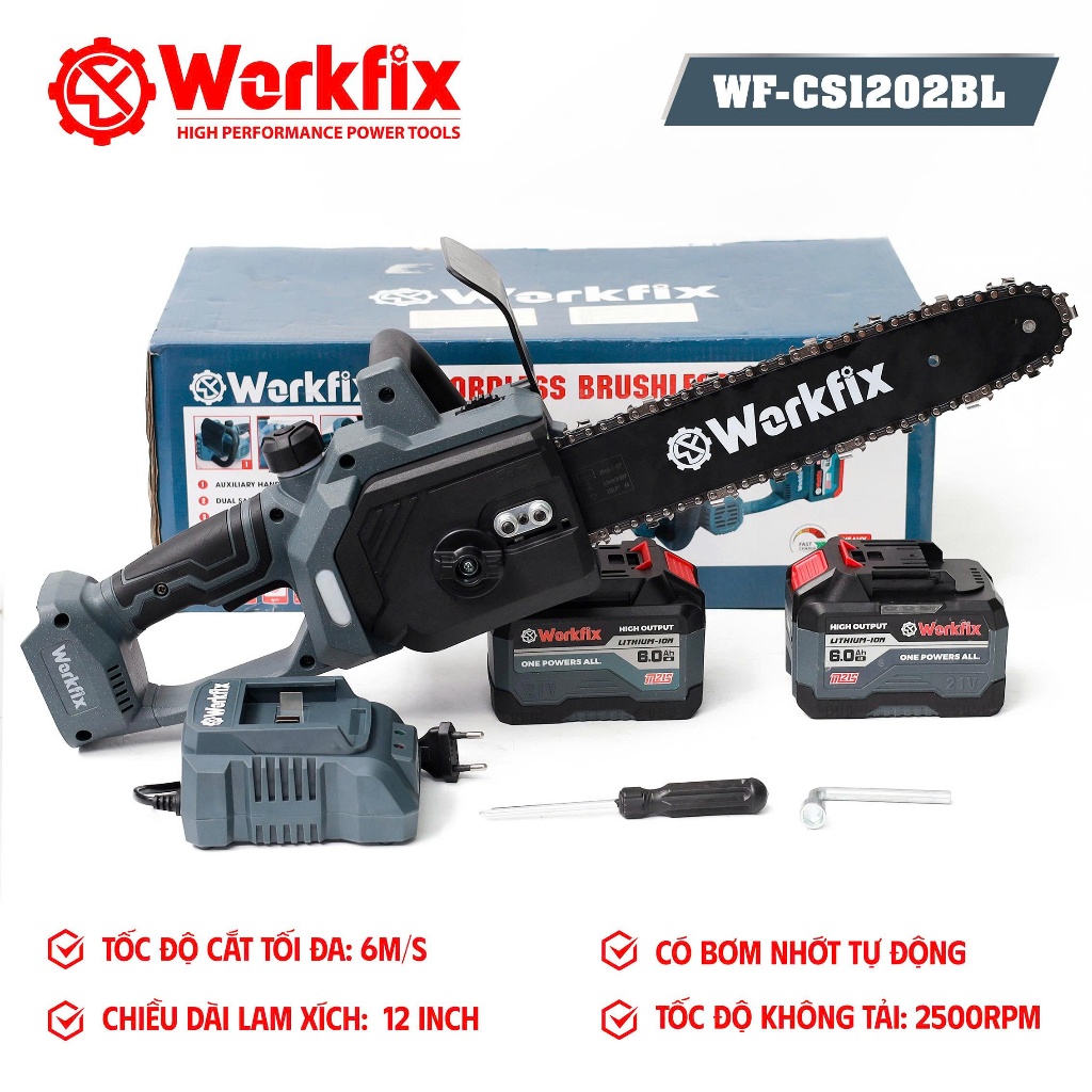 Cưa Xích Bằng Pin WF-CS1202BL Workfix 12 Inch, 15cell, Không Chổi Than, Cưa Cây, Cắt Cành, Tra Dầu Tự Động