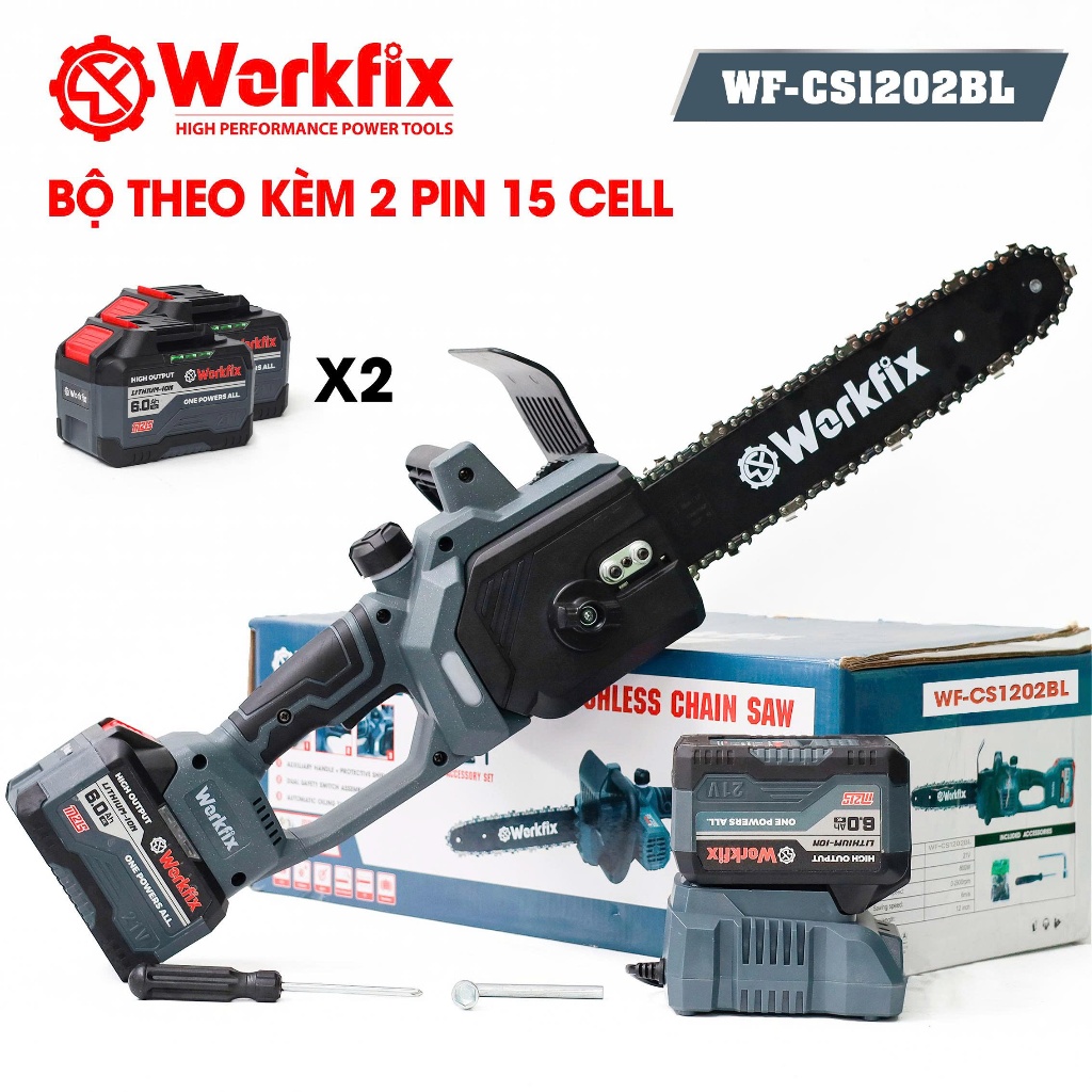 Cưa Xích Bằng Pin WF-CS1202BL Workfix 12 Inch, 15cell, Không Chổi Than, Cưa Cây, Cắt Cành, Tra Dầu Tự Động