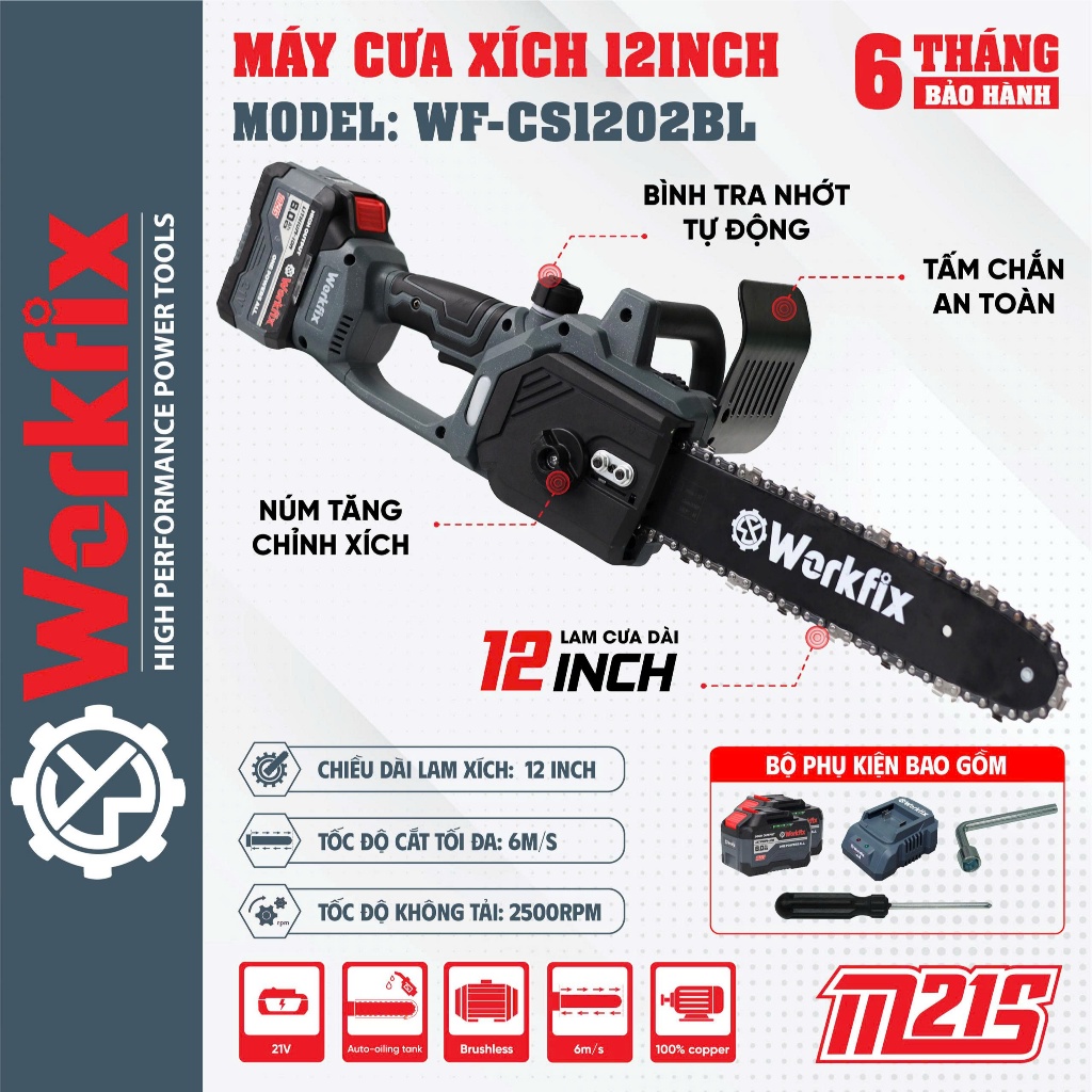 Cưa Xích Bằng Pin WF-CS1202BL Workfix 12 Inch, 15cell, Không Chổi Than, Cưa Cây, Cắt Cành, Tra Dầu Tự Động
