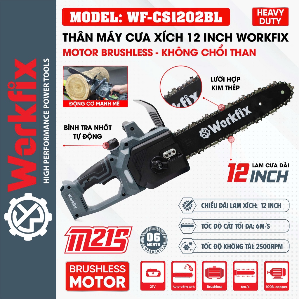 Cưa Xích Bằng Pin WF-CS1202BL Workfix 12 Inch, 15cell, Không Chổi Than, Cưa Cây, Cắt Cành, Tra Dầu Tự Động