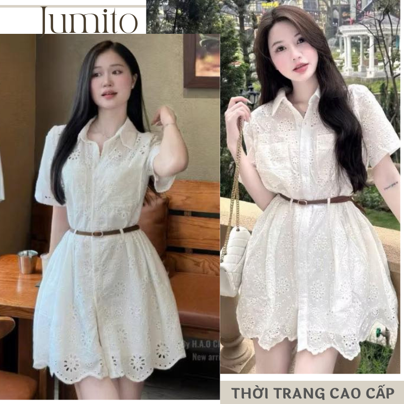 Váy sơ mi trắng thêu đục lỗ dáng xòe ngắn tay kèm đai cổ đức thanh lịch nàng thơ HCOM26093