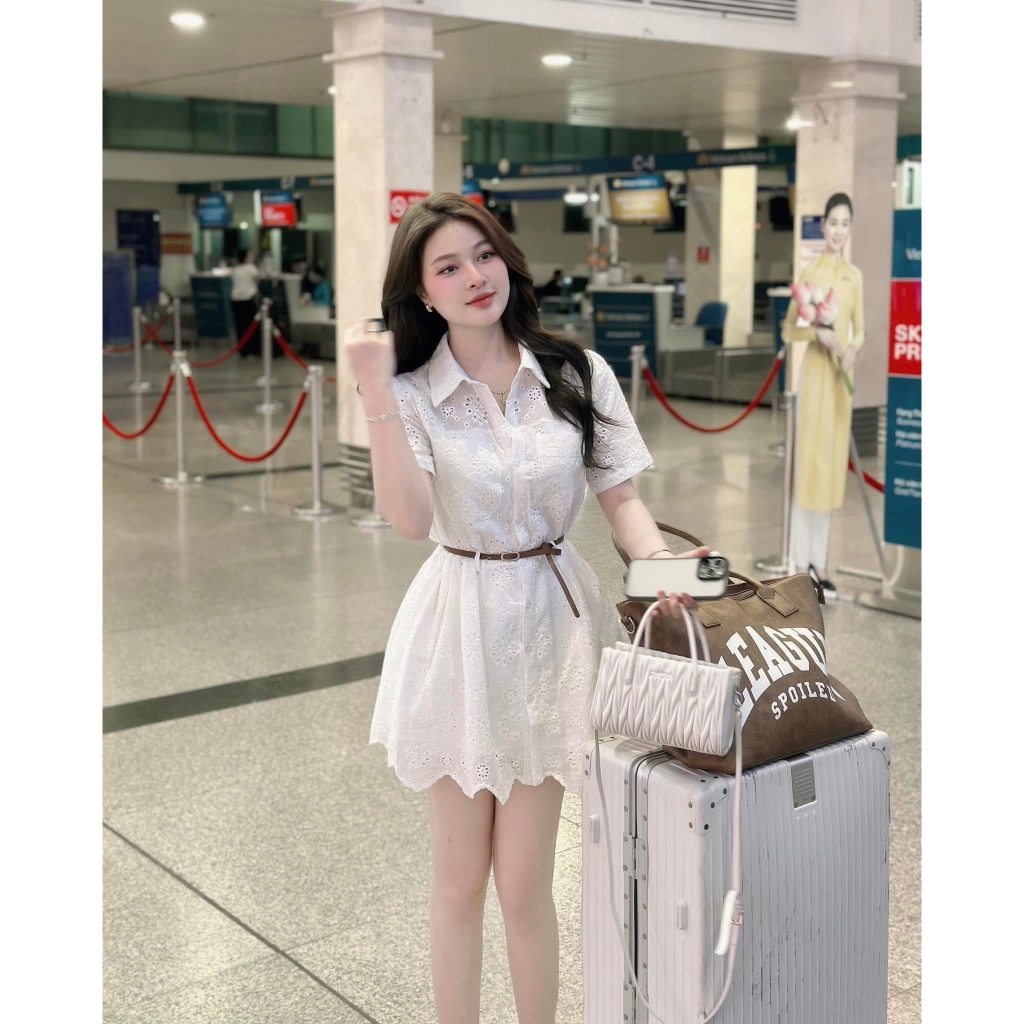 Váy sơ mi trắng thêu đục lỗ dáng xòe ngắn tay kèm đai cổ đức thanh lịch nàng thơ HCOM26093