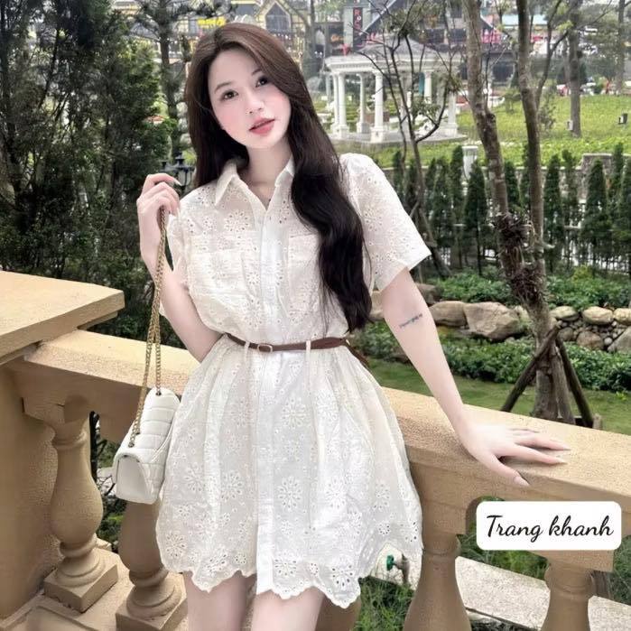 Váy sơ mi trắng thêu đục lỗ dáng xòe ngắn tay kèm đai cổ đức thanh lịch nàng thơ HCOM26093