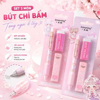 Set 3 Món Bút Chì Bấm Kèm Tẩy Và Ngòi Dự Phòng Cute Màu Hồng Dễ Thương Cho Học Sinh