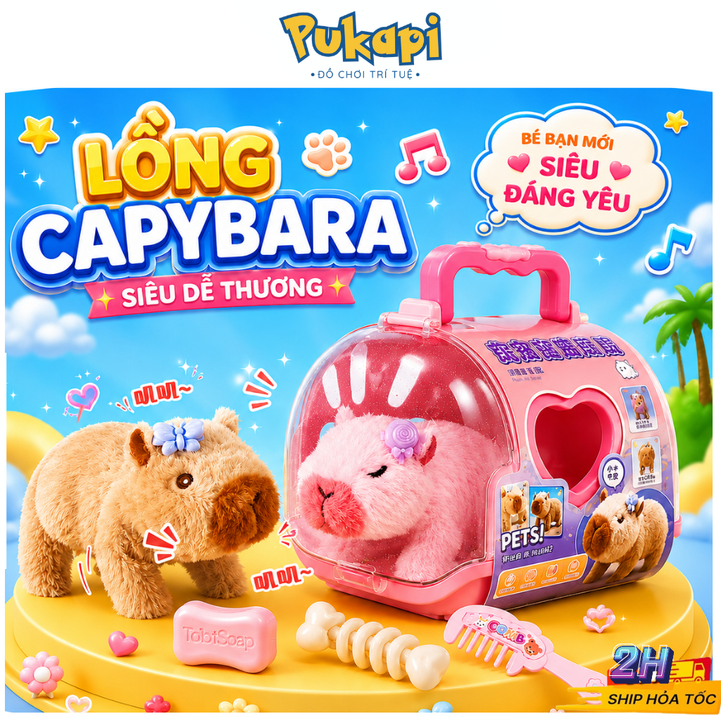 Lồng Capybara Thú Bông Biết Đi Kêu Capy Rùa Lồng Mèo Chó Thỏ Nuôi Thú Cưng Kèm Phụ Kiện Chăm Sóc- Đồ Chơi Cho Bé PUKAPI