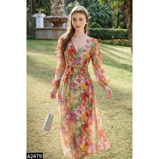 Đầm maxi tơ Cati đi biển tông hoa đậm chất hè A2479