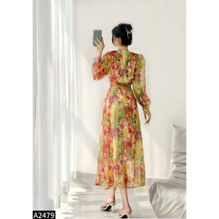 Đầm maxi tơ Cati đi biển tông hoa đậm chất hè A2479