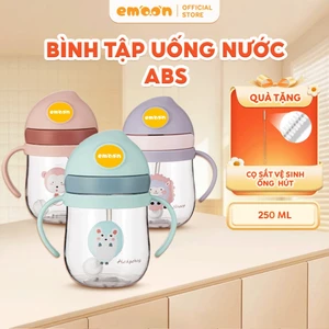 Bình tập uống nước cho bé Emoon 250ml, ống hút silicon mềm có van chống sặc, chất liệu an toàn cho bé, có ống thay thế