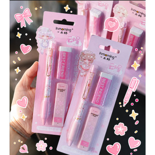 Set 3 Món Bút Chì Bấm Kèm Tẩy Và Ngòi Dự Phòng Cute Màu Hồng Dễ Thương Cho Học Sinh