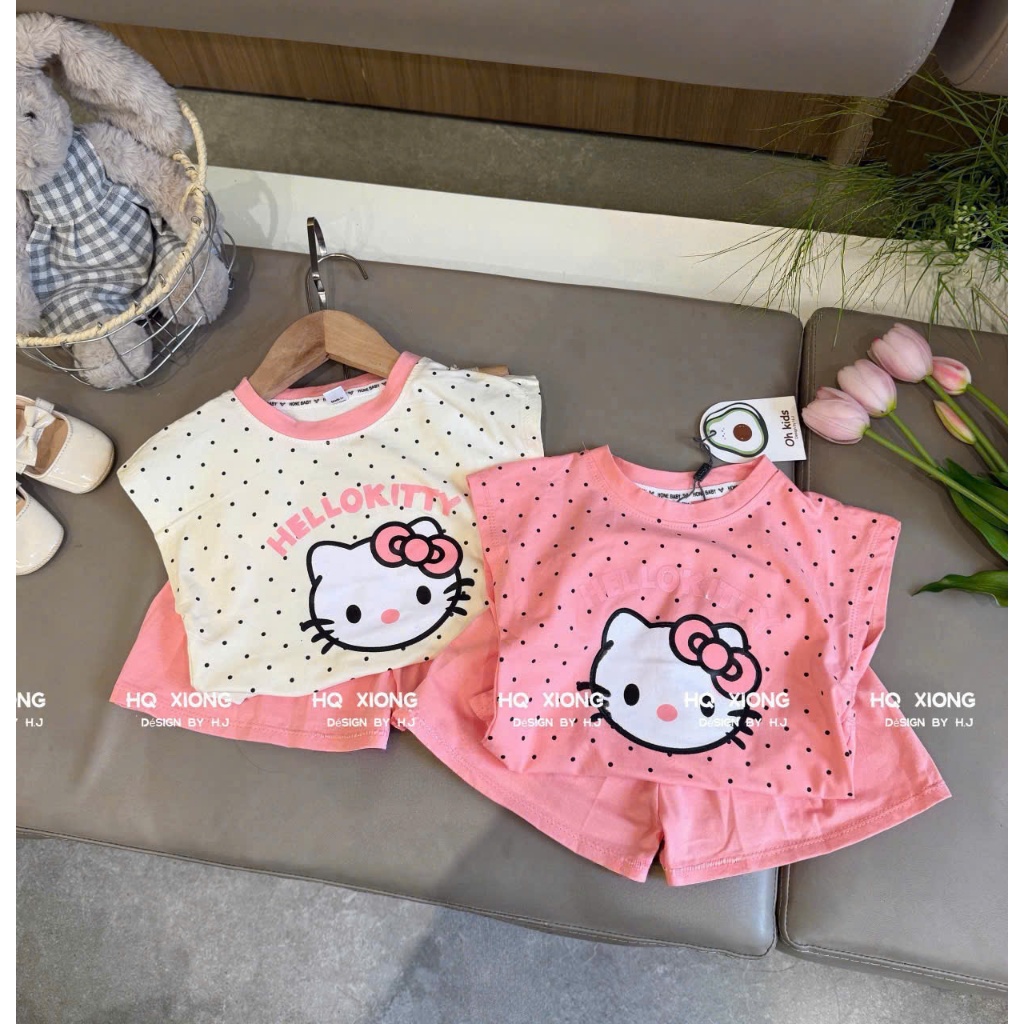 Set bộ cộc tay Hello Kitty chấm bi E. C cho bé Sz 10-35kg su 4 chiều họa tiết chấm bi siêu đáng yêu form mặc mát
