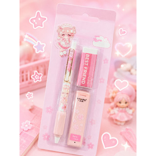 Set 3 Món Bút Chì Bấm Kèm Tẩy Và Ngòi Dự Phòng Cute Màu Hồng Dễ Thương Cho Học Sinh