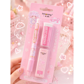 Set 3 Món Bút Chì Bấm Kèm Tẩy Và Ngòi Dự Phòng Cute Màu Hồng Dễ Thương Cho Học Sinh