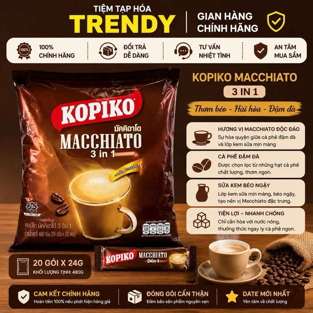 Cà Phê Sữa Thái Lan Kopiko Macchiato 3in1 Bịch 20 Gói x 20g Đậm Vị Thơm Ngon