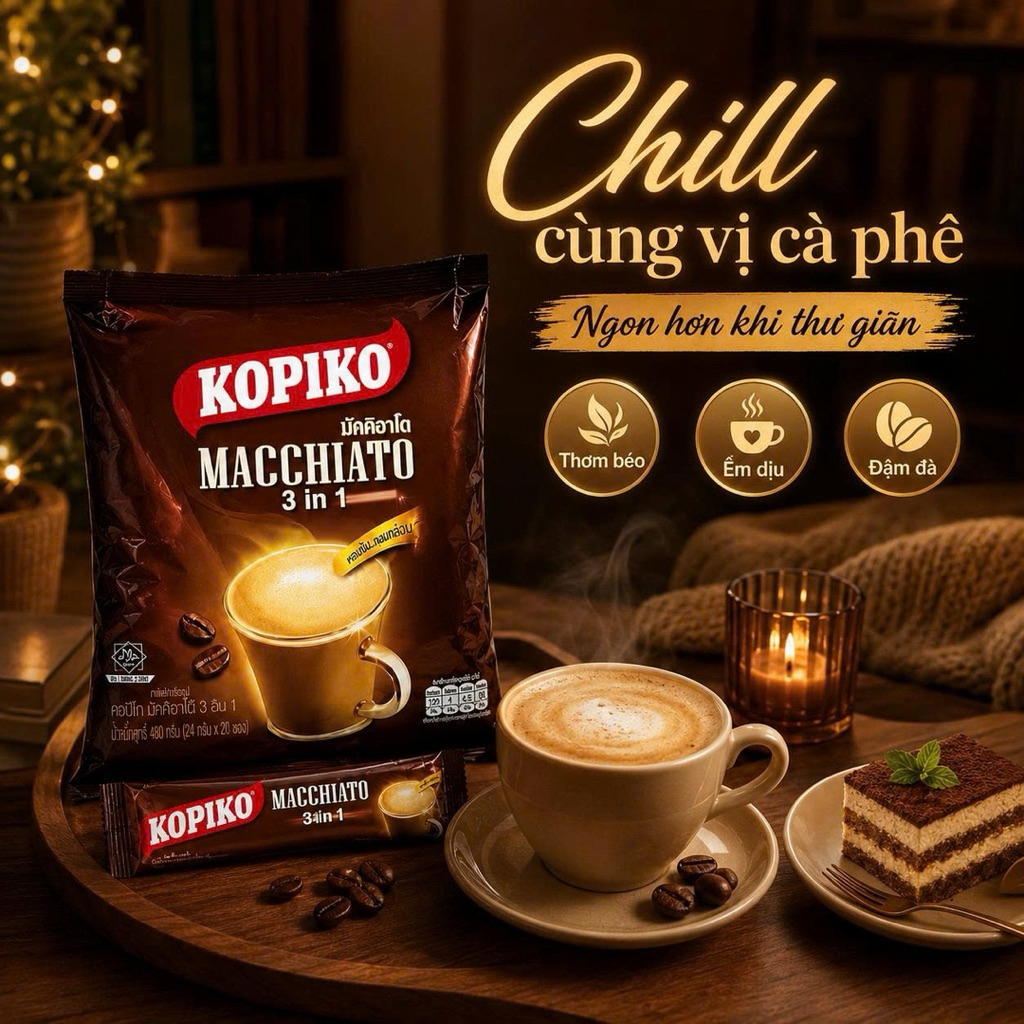 Cà Phê Sữa Thái Lan Kopiko Macchiato 3in1 Bịch 20 Gói x 20g Đậm Vị Thơm Ngon