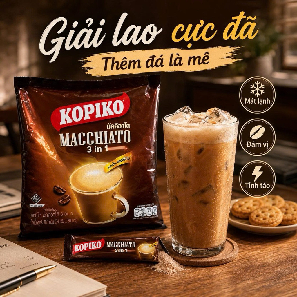 Cà Phê Sữa Thái Lan Kopiko Macchiato 3in1 Bịch 20 Gói x 20g Đậm Vị Thơm Ngon