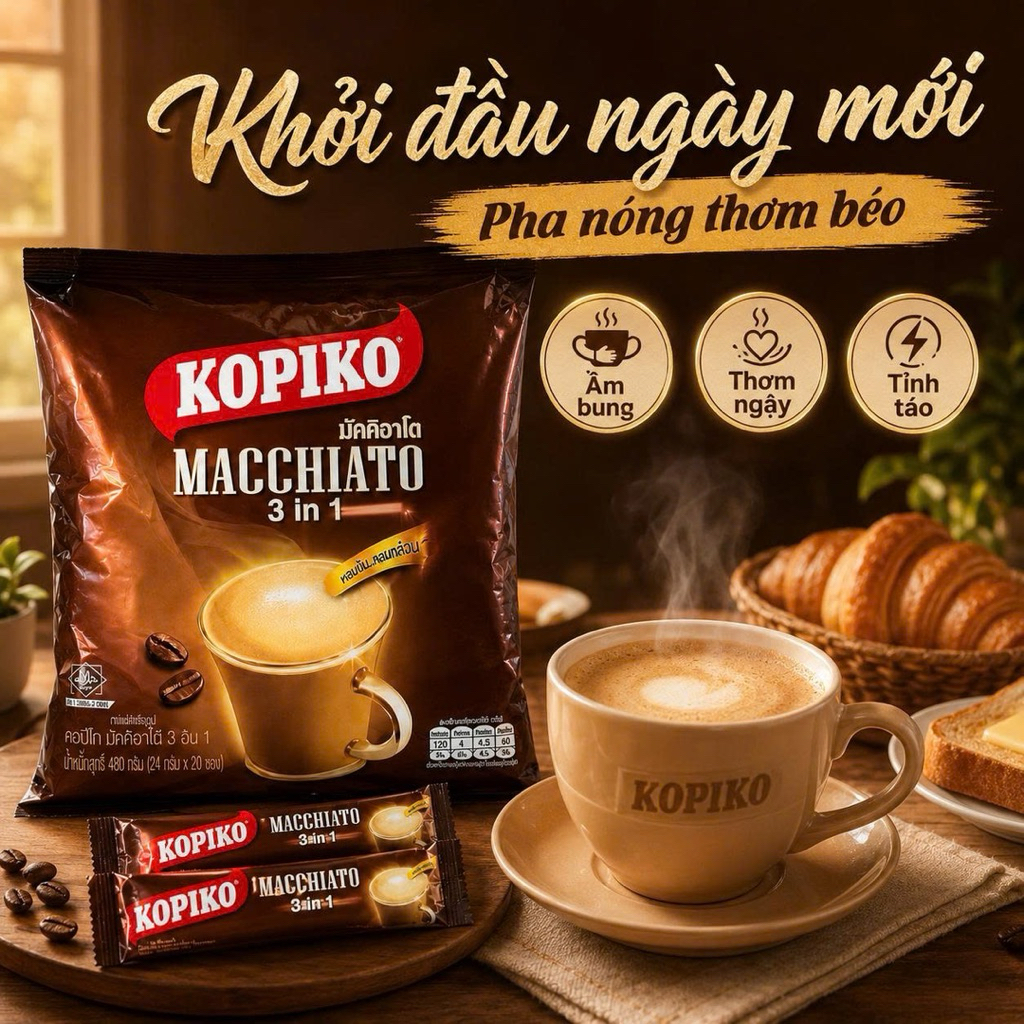 Cà Phê Sữa Thái Lan Kopiko Macchiato 3in1 Bịch 20 Gói x 20g Đậm Vị Thơm Ngon