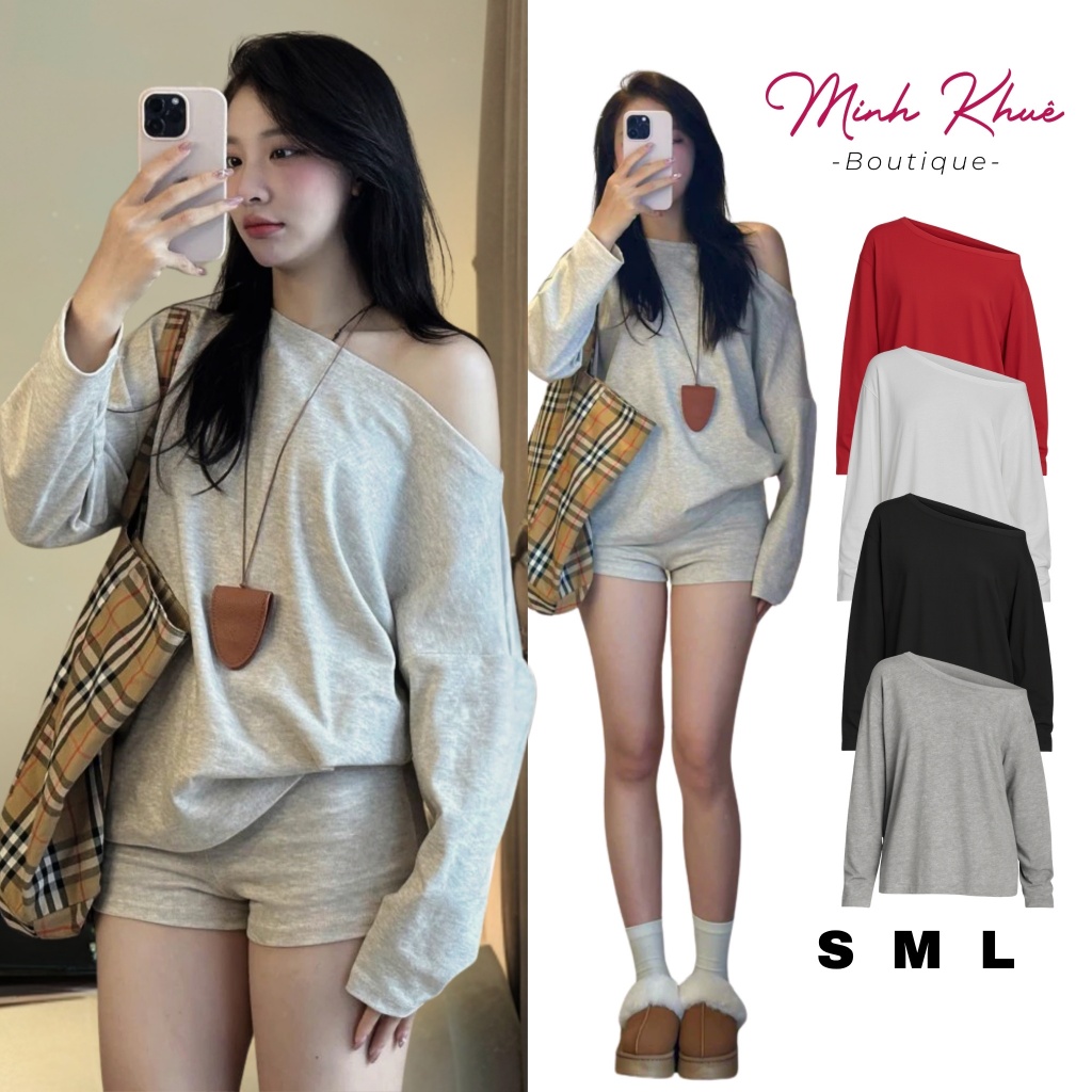Áo Sweater Nữ Tay Dài Lệch Vai Thun Cotton Form Rộng DD154 Áo Trễ Vai Trendy Cá Tính Minh Khuê Boutique