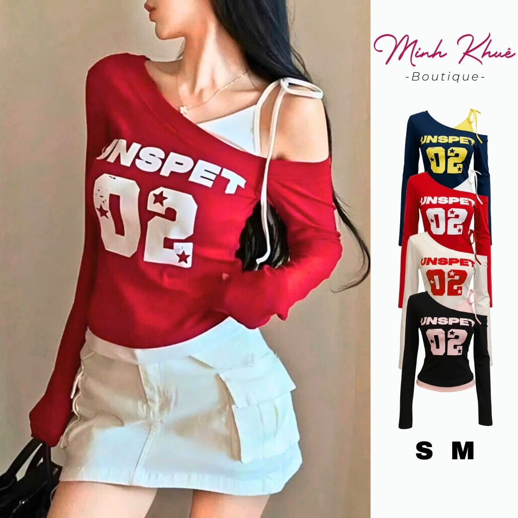 [Mở Bán] Áo Thun Nữ Tay Dài Lệch Vai Phối Yếm In 02 Thun Borip DD166 Ôm Body Phong Cách Minh Khuê Boutique