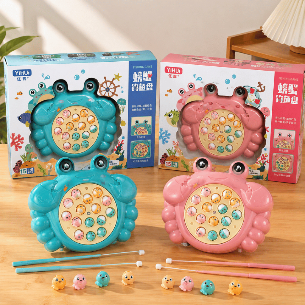 Đồ Chơi Câu Cá Điện Tử Hình Cua Đĩa Xoay 360° Có Nhạc – Bộ Câu Cá Nam Châm Cho Bé 15 Cá 2 Cần Câu