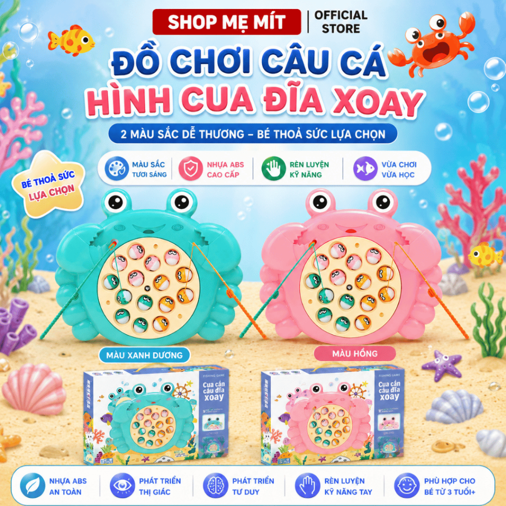 Đồ Chơi Câu Cá Điện Tử Hình Cua Đĩa Xoay 360° Có Nhạc – Bộ Câu Cá Nam Châm Cho Bé 15 Cá 2 Cần Câu