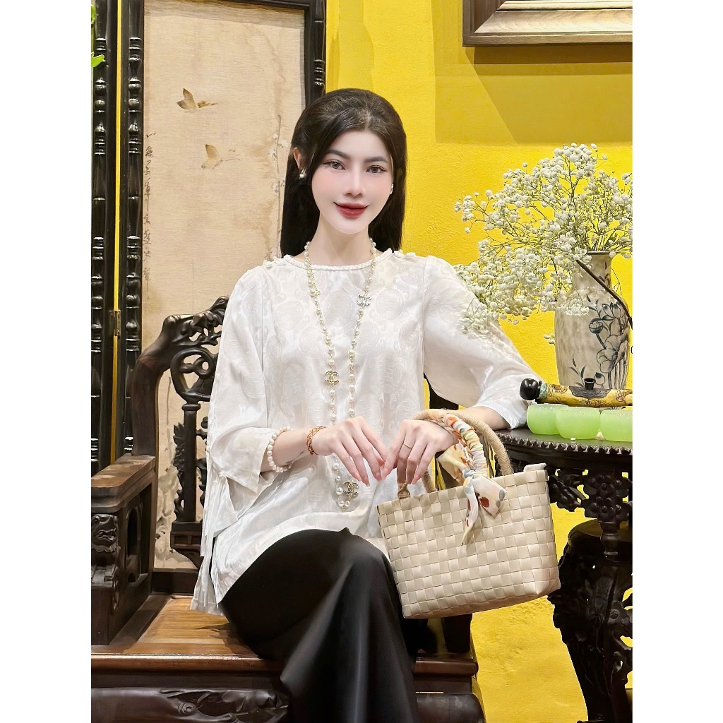 Đồ lam đi chùa nữ bộ pháp phục cổ tết chữ thọ mặc đi lễ chùa sang quý phái thanh lịch