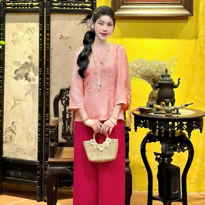 Đồ lam đi chùa nữ bộ pháp phục cổ tết chữ thọ mặc đi lễ chùa sang quý phái thanh lịch