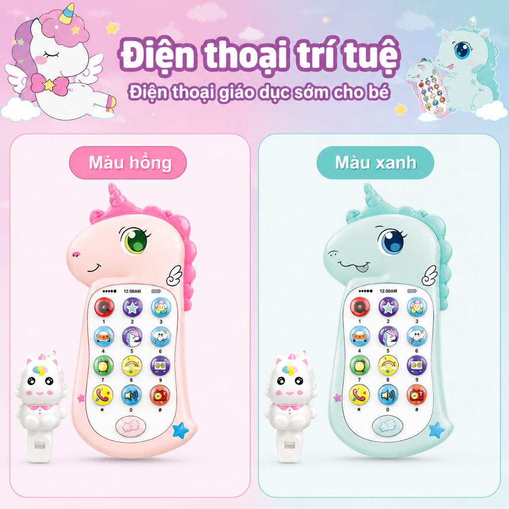 Điện Thoại Đồ Chơi Giáo Dục Sớm Cho Bé Kèm Còi Hình Thú – Phát Nhạc, Đèn LED, Dây Đeo Cổ cho bé