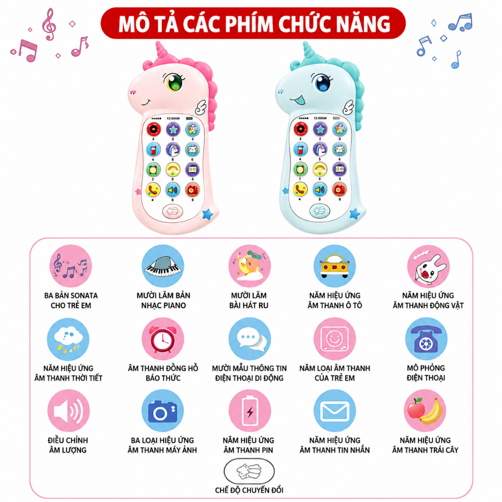 Điện Thoại Đồ Chơi Giáo Dục Sớm Cho Bé Kèm Còi Hình Thú – Phát Nhạc, Đèn LED, Dây Đeo Cổ cho bé