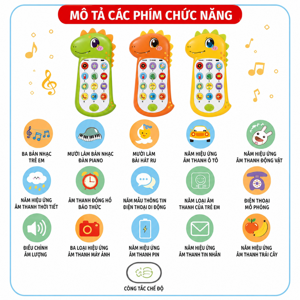 Điện Thoại Đồ Chơi Giáo Dục Sớm Cho Bé Kèm Còi Hình Thú – Phát Nhạc, Đèn LED, Dây Đeo Cổ cho bé