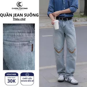 Quần jean nam ống suông thêu chữ đầu gối form rộng baggy